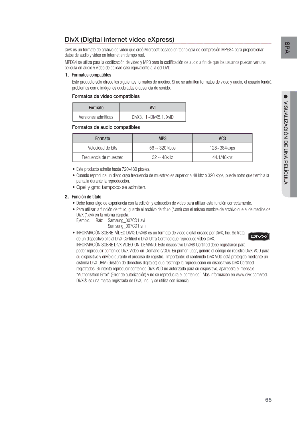 Samsung HT-BD7200R/XET manual DivX Digital internet video eXpress, Avi 