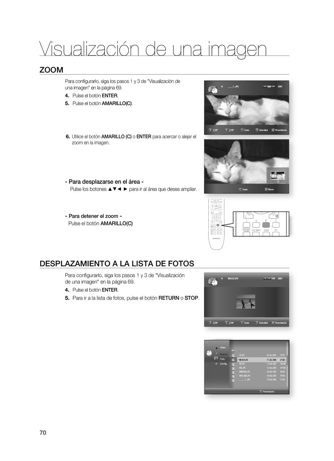 Samsung HT-BD7200R/XET manual Zoom, DeSPlAzAmiento a lA liStA de FotoS, Para desplazarse en el área 