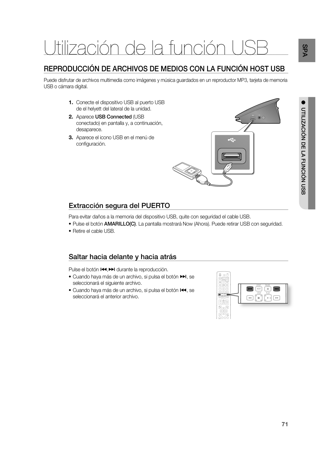 Samsung HT-BD7200R/XET manual Utilización de la función USB, ReProducción de ArchivoS de medioS con lA Función hoSt uSB 