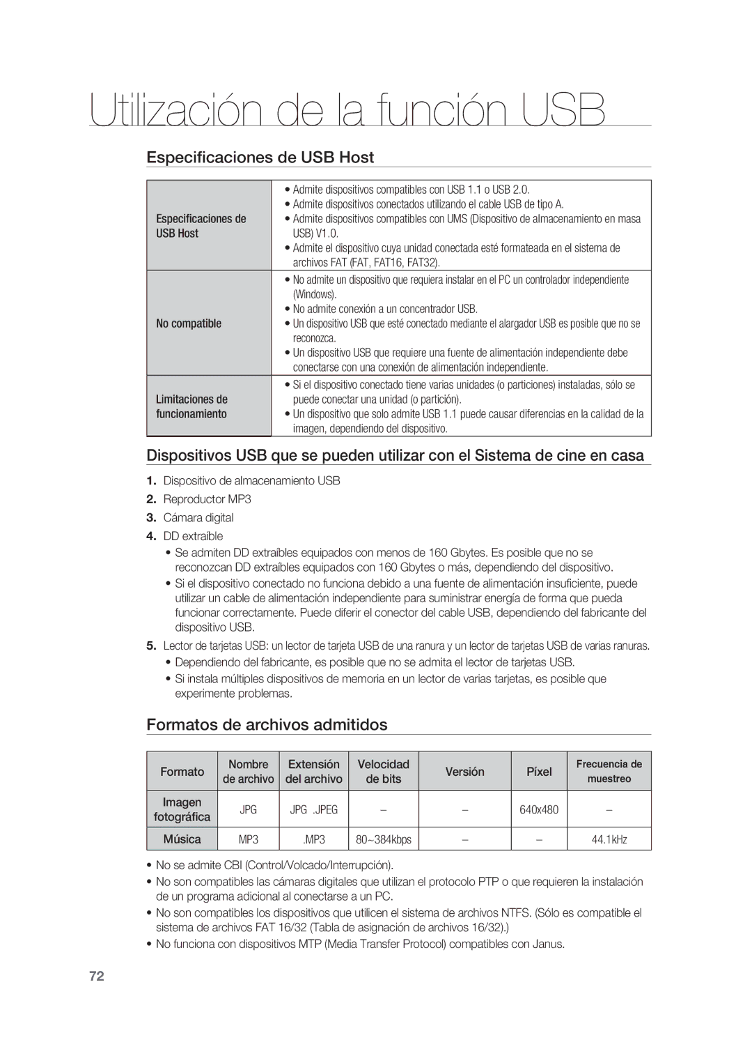 Samsung HT-BD7200R/XET manual Especificaciones de USB Host, Formatos de archivos admitidos 