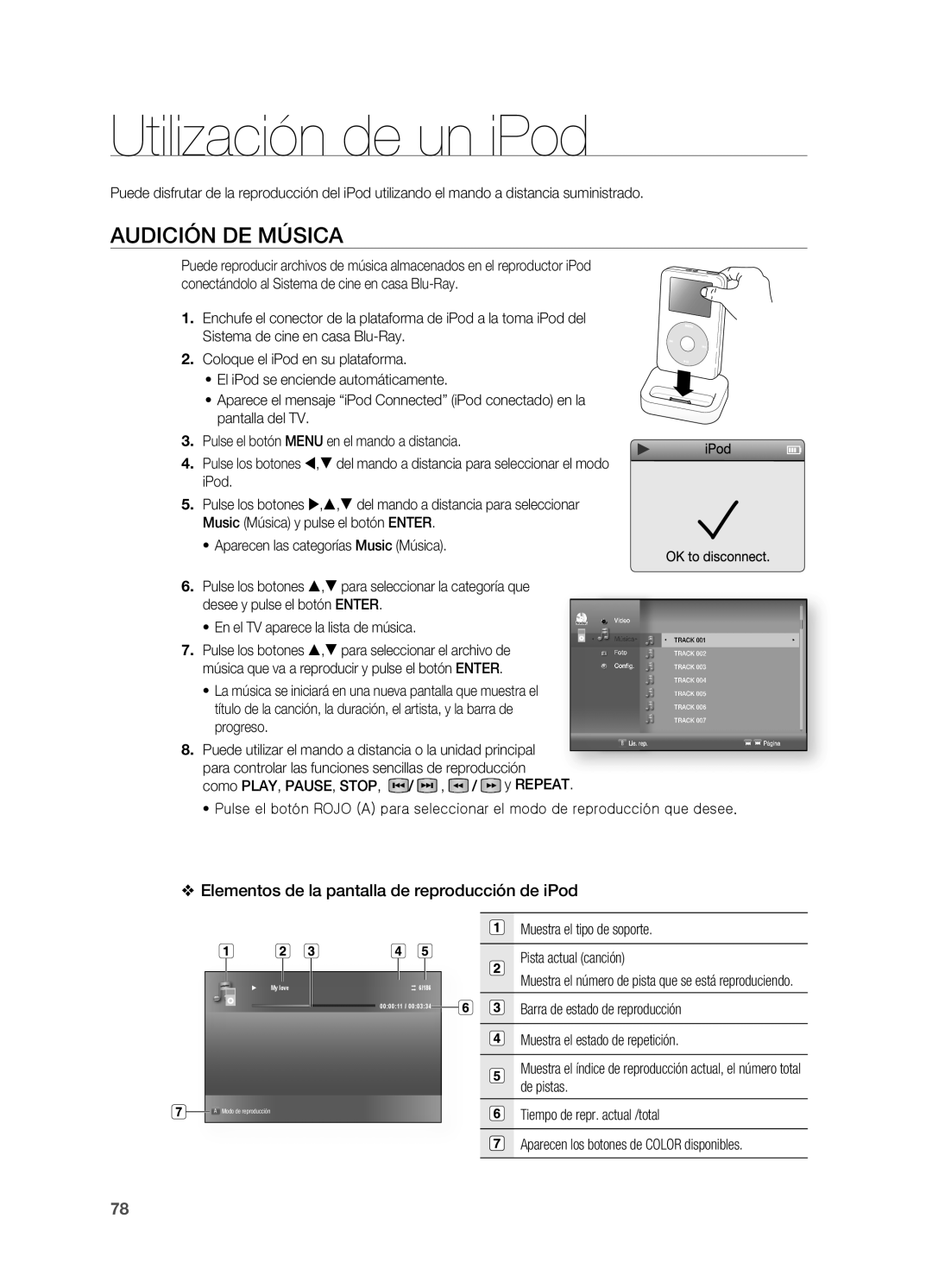 Samsung HT-BD7200R/XET manual Utilización de un iPod, Audición DE Música, Elementos de la pantalla de reproducción de iPod 