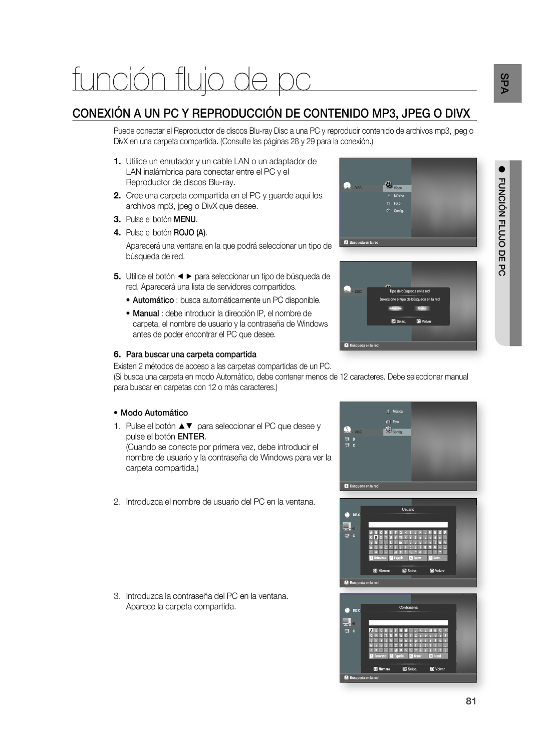 Samsung HT-BD7200R/XET manual Función ﬂ ujo de pc, Para buscar una carpeta compartida 