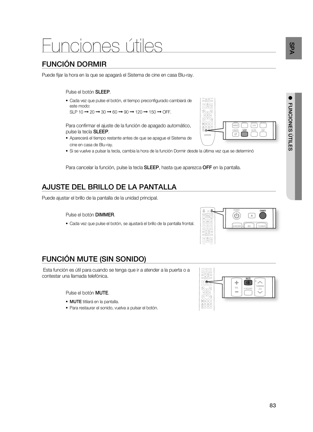 Samsung HT-BD7200R/XET manual Funciones útiles, FunCión doRmiR, AjuSTe del bRillo de lA PAnTAllA, FunCión muTe Sin Sonido 