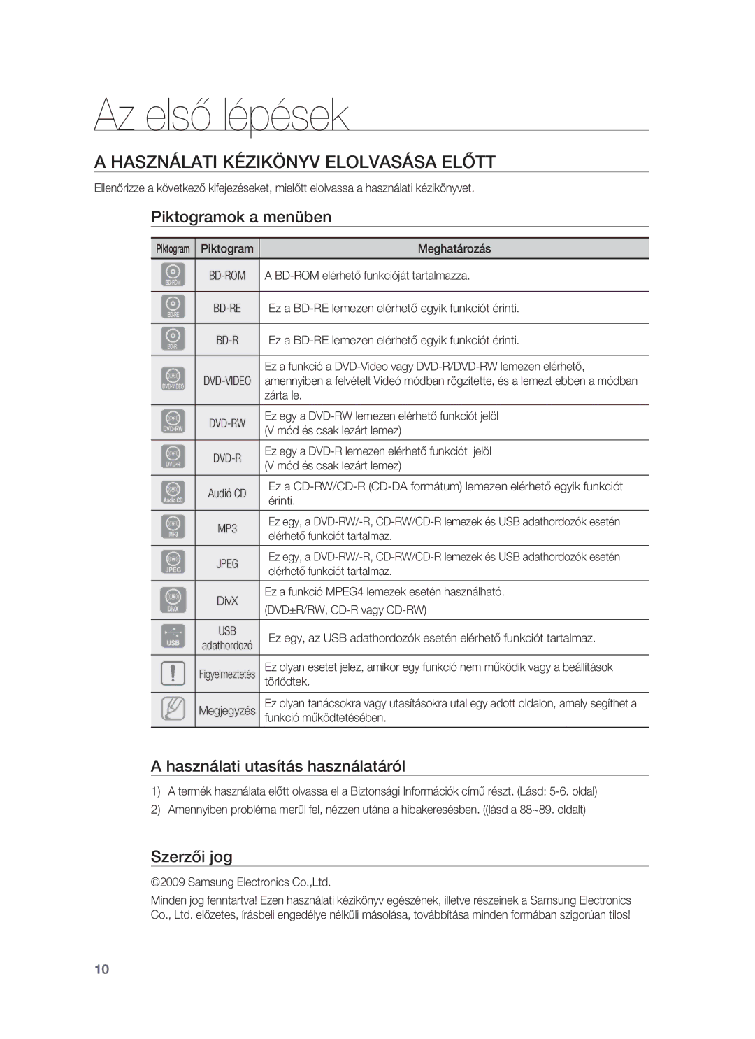 Samsung HT-BD7255R/EDC manual Az első lépések, Használati Kézikönyv Elolvasása Előtt, Piktogramok a menüben, Szerzői jog 