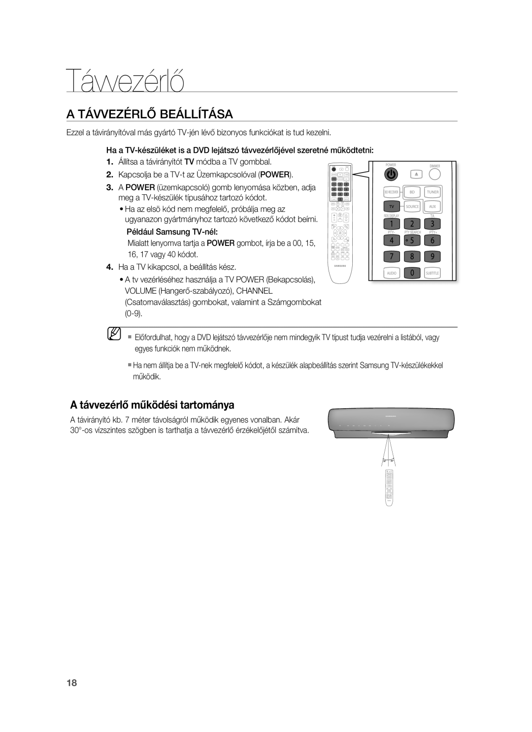 Samsung HT-BD7255R/EDC, HT-BD7255R/XEE manual Távvezérlő Beállítása, Távvezérlő működési tartománya 