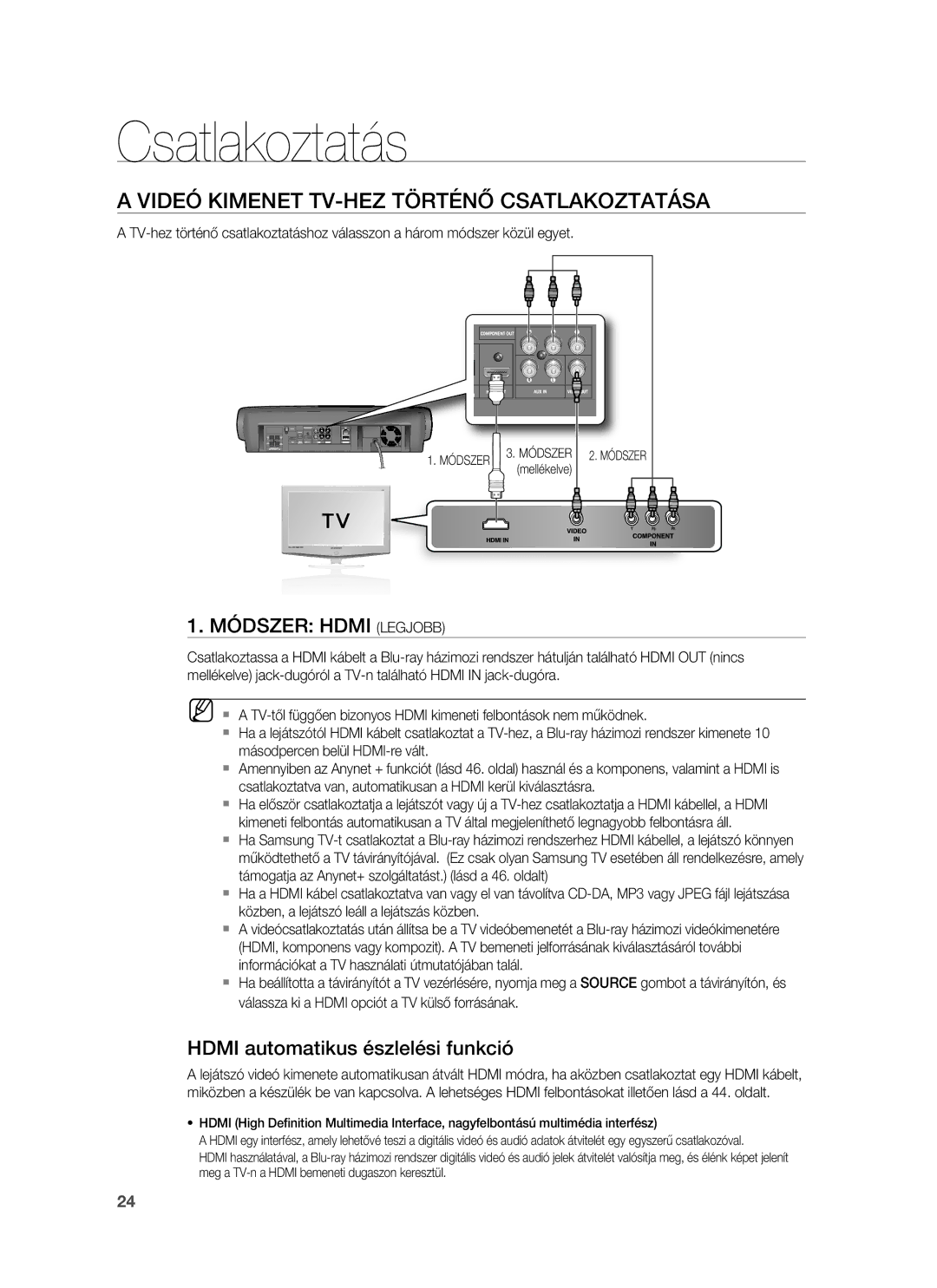 Samsung HT-BD7255R/EDC, HT-BD7255R/XEE Videó Kimenet TV-HEZ Történő Csatlakoztatása, Hdmi automatikus észlelési funkció 