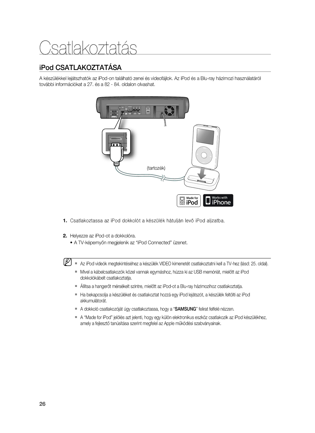 Samsung HT-BD7255R/EDC, HT-BD7255R/XEE manual IPod Csatlakoztatása 