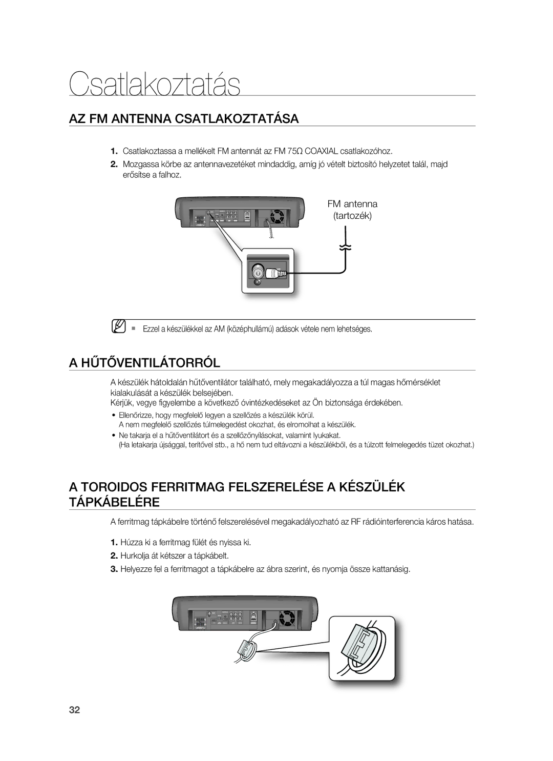 Samsung HT-BD7255R/EDC, HT-BD7255R/XEE manual AZ FM Antenna Csatlakoztatása, Hűtőventilátorról, FM antenna Tartozék 