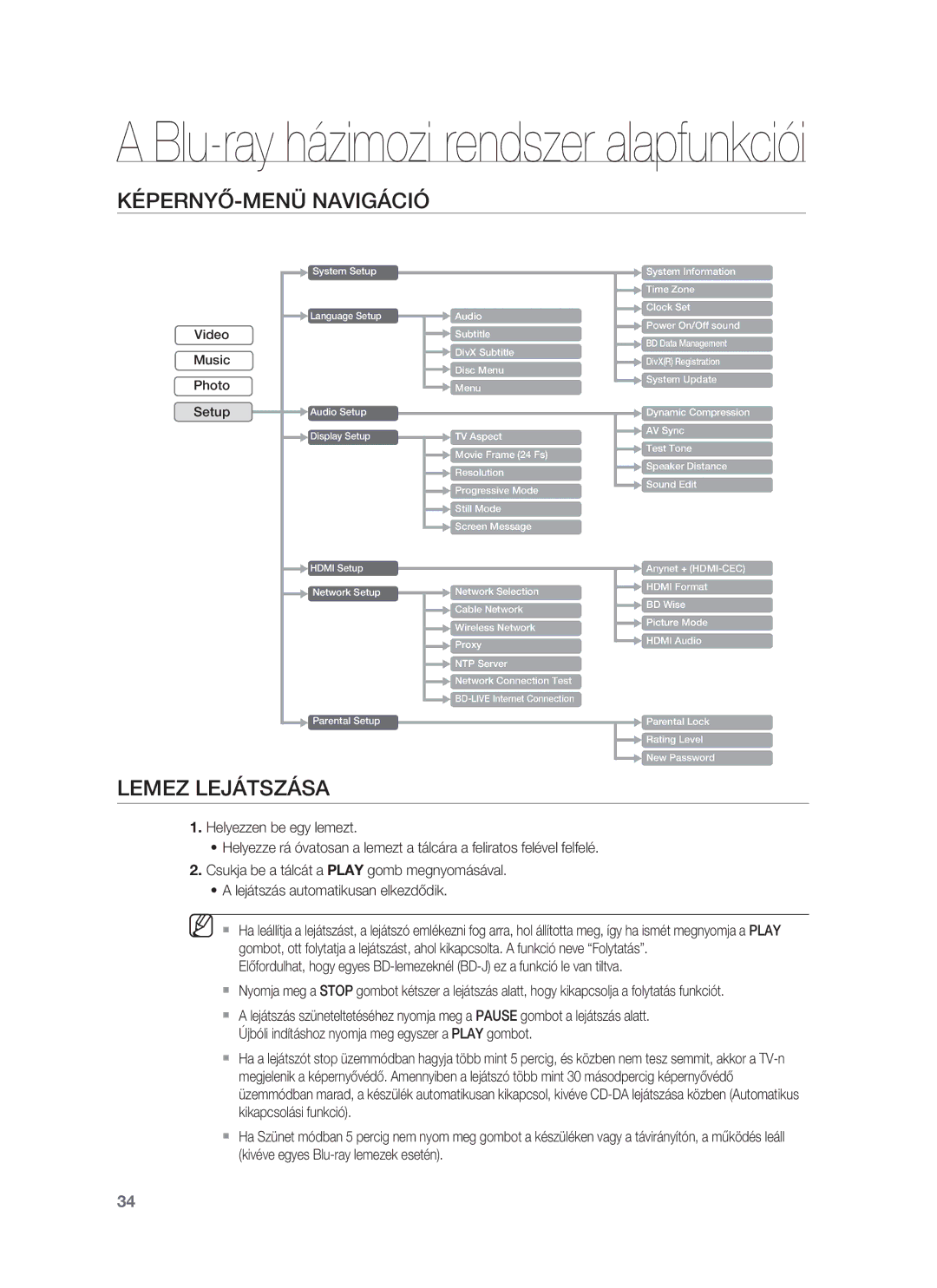 Samsung HT-BD7255R/EDC, HT-BD7255R/XEE manual KÉPERNYŐ-MENÜ Navigáció, Lemez Lejátszása 