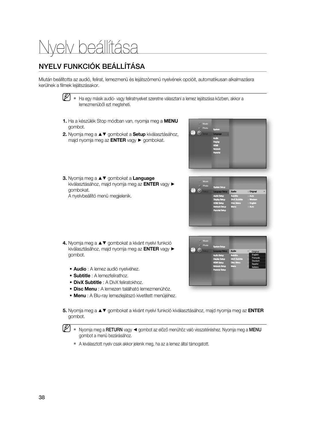 Samsung HT-BD7255R/EDC, HT-BD7255R/XEE manual Nyelv beállítása, Nyelv Funkciók Beállítása 