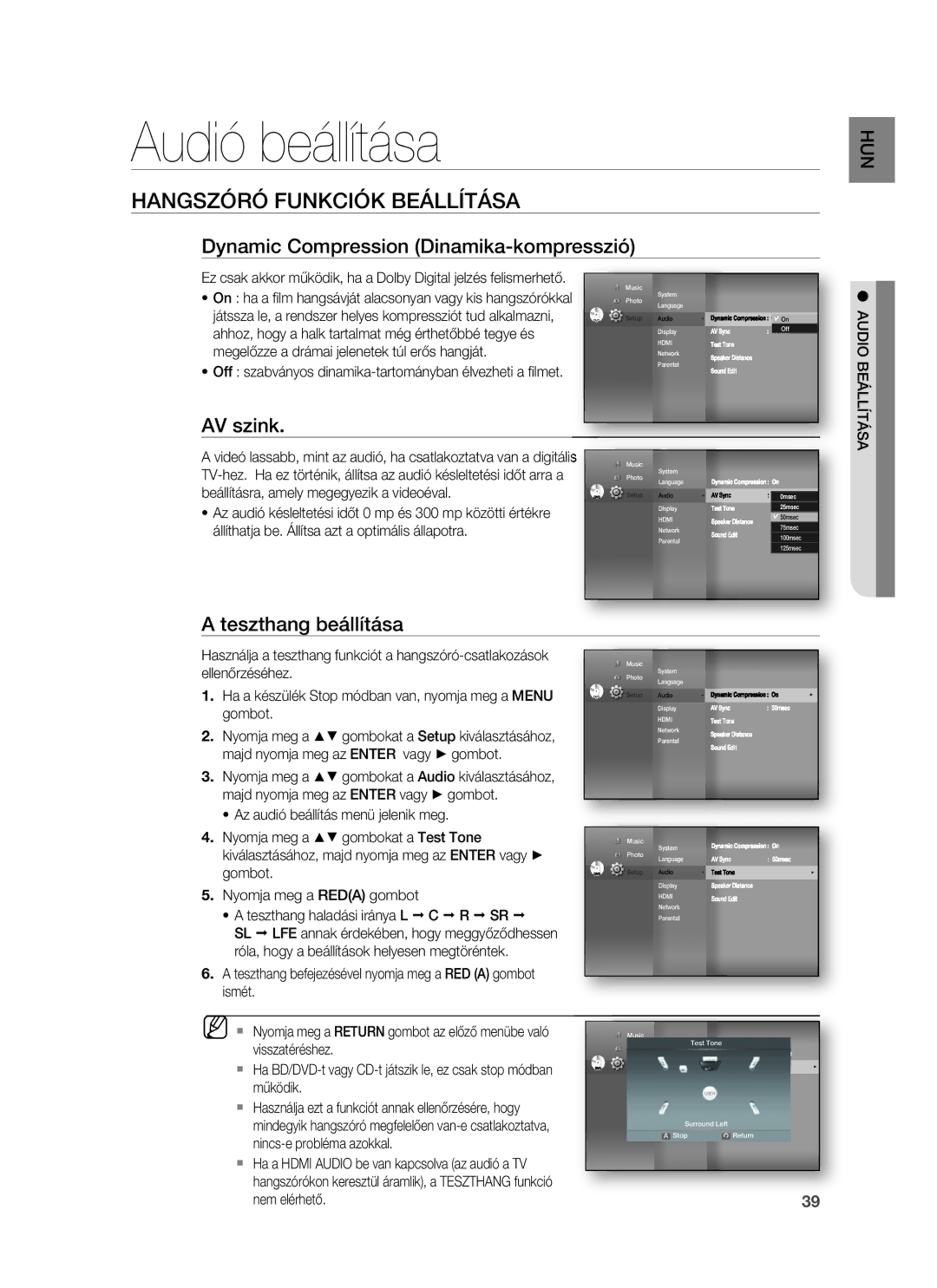 Samsung HT-BD7255R/XEE Audió beállítása, Hangszóró Funkciók Beállítása, Dynamic Compression Dinamika-kompresszió, AV szink 