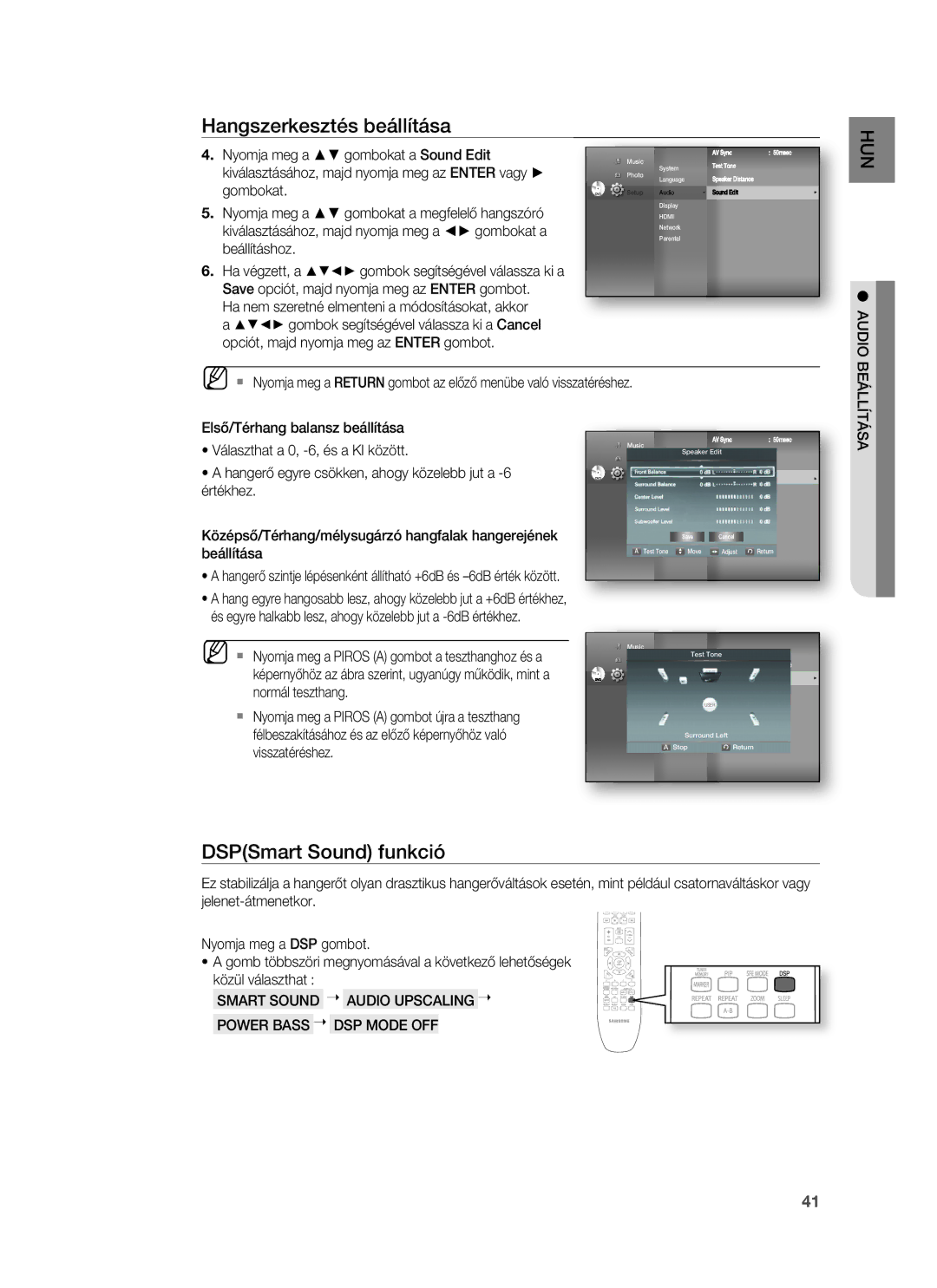 Samsung HT-BD7255R/XEE, HT-BD7255R/EDC manual DSPSmart Sound funkció, Nyomja meg a gombokat a Sound Edit 