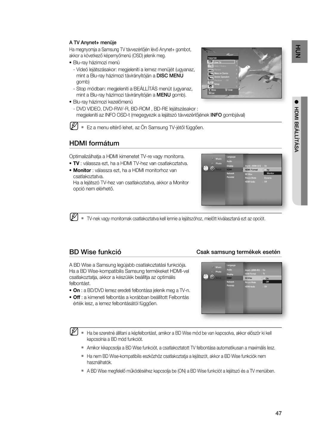 Samsung HT-BD7255R/XEE, HT-BD7255R/EDC manual Hdmi formátum, BD Wise funkció, Hdmi Beállítása 