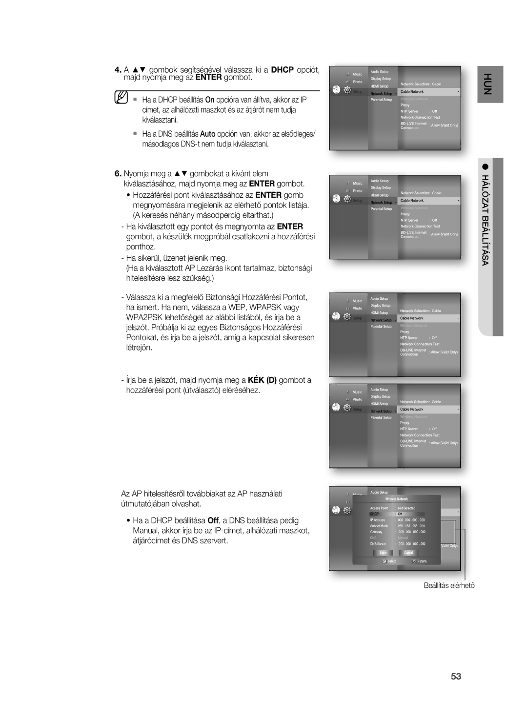 Samsung HT-BD7255R/XEE, HT-BD7255R/EDC manual Hun, Hálózat Beállítása 