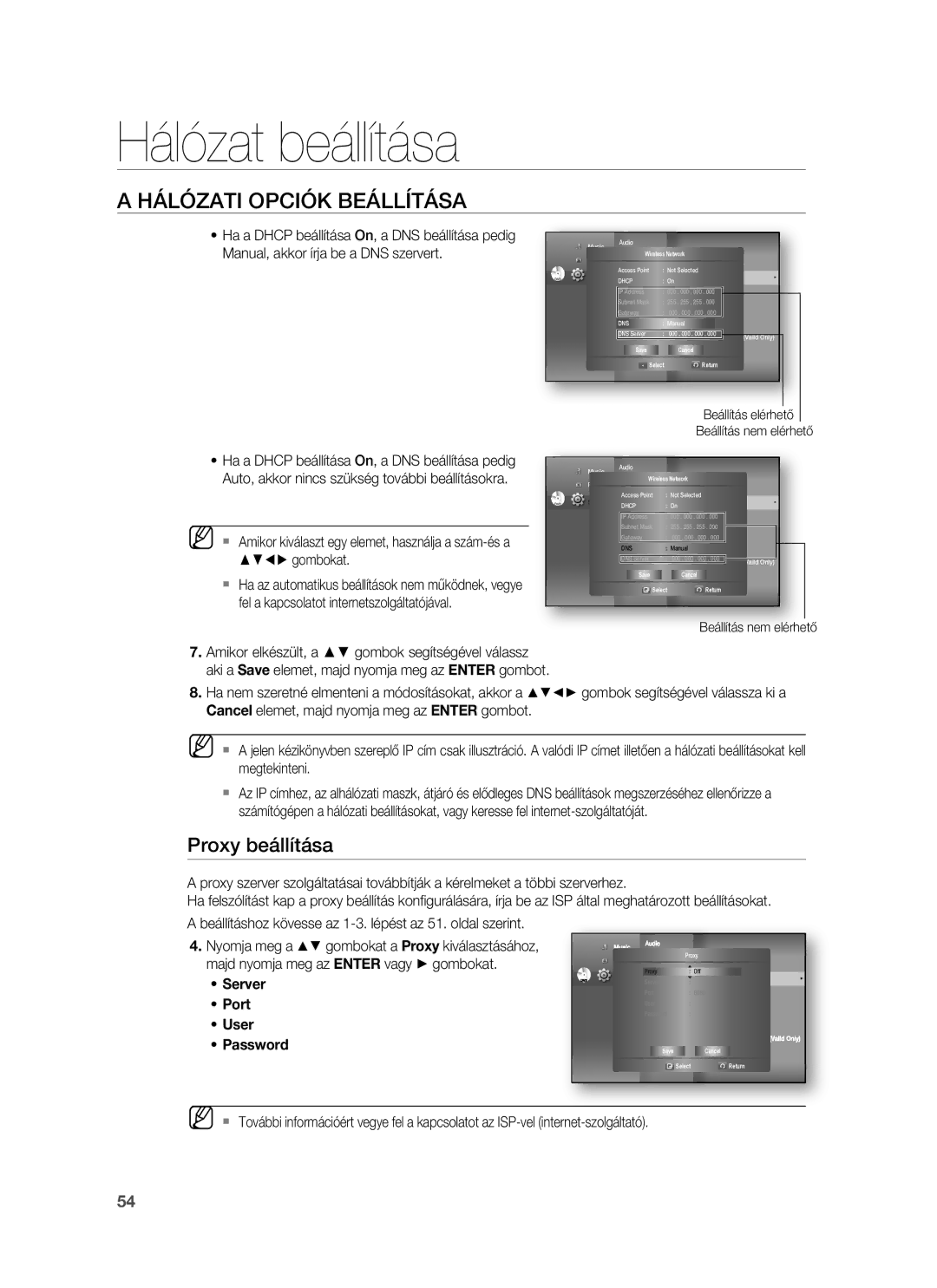 Samsung HT-BD7255R/EDC, HT-BD7255R/XEE manual Proxy beállítása, Beállítás nem elérhető 