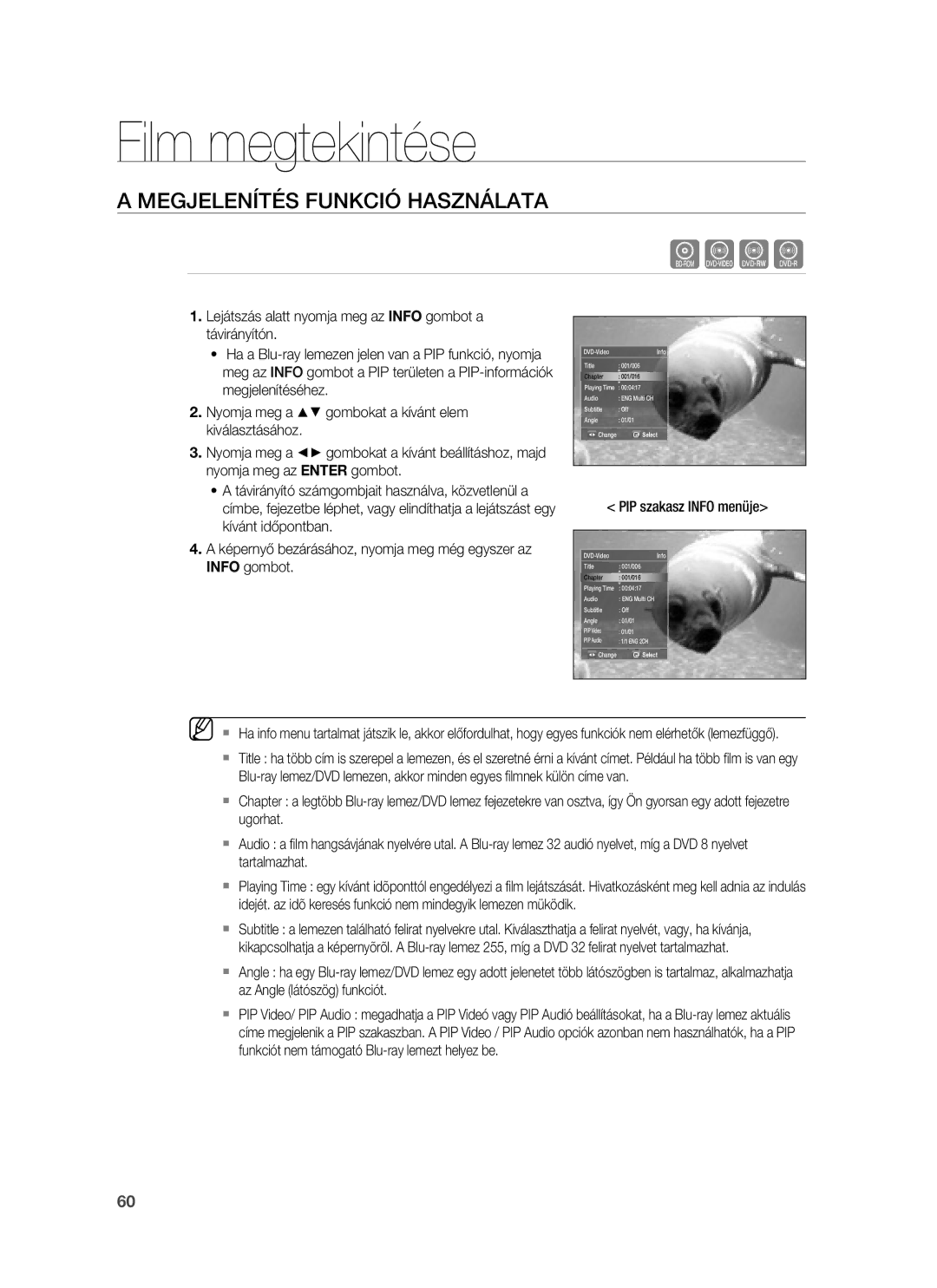 Samsung HT-BD7255R/EDC, HT-BD7255R/XEE manual Film megtekintése, Megjelenítés Funkció Használata, PIP szakasz Info menüje 