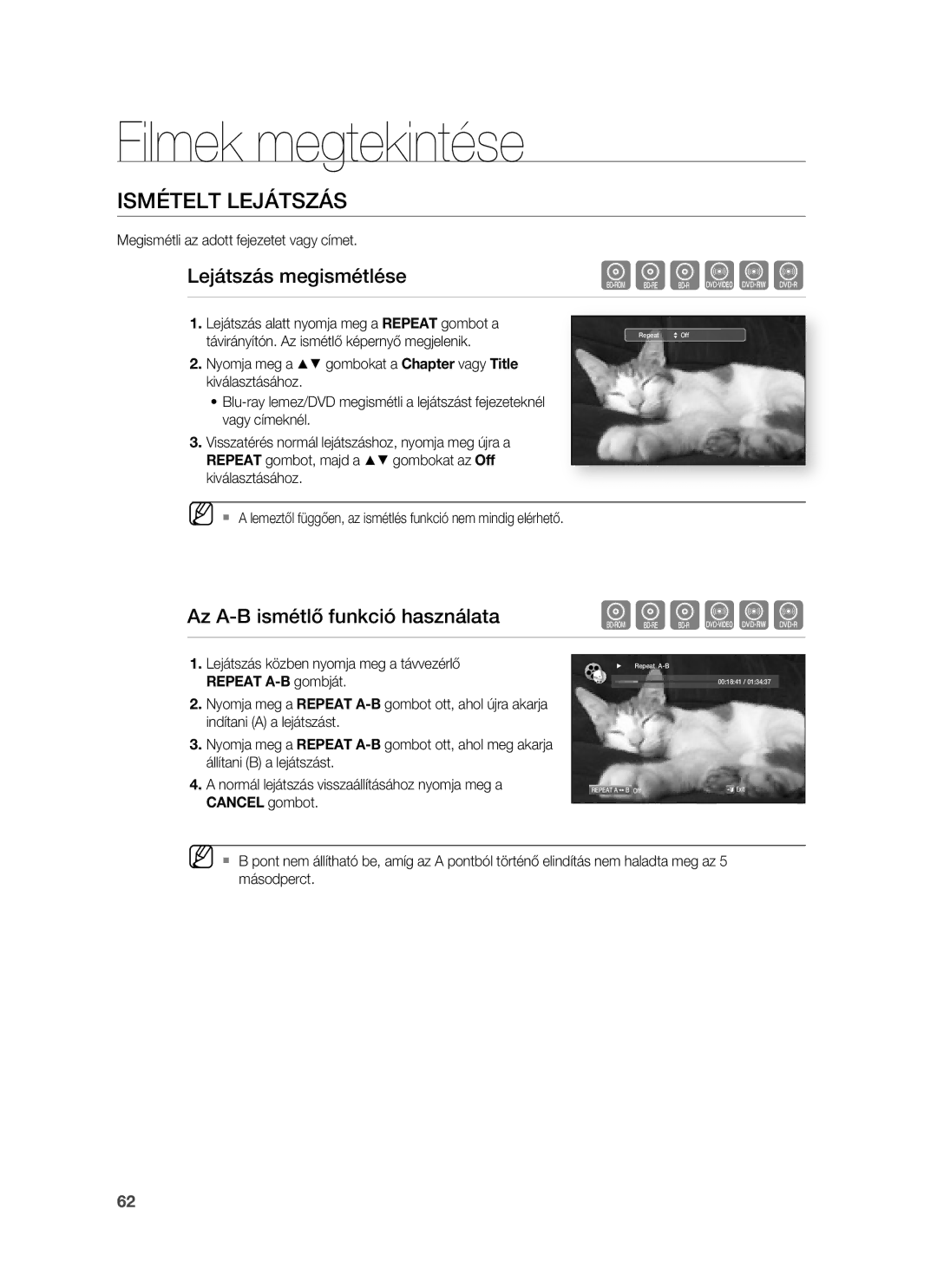 Samsung HT-BD7255R/EDC, HT-BD7255R/XEE manual Filmek megtekintése, Ismételt Lejátszás, Lejátszás megismétlése 