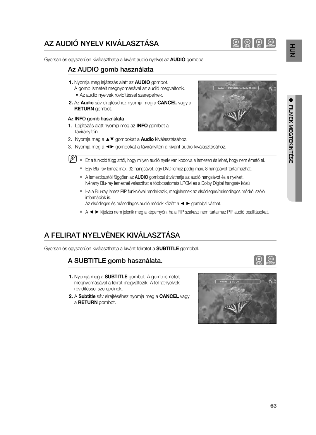 Samsung HT-BD7255R/XEE manual AZ Audió Nyelv Kiválasztása, Felirat Nyelvének Kiválasztása, Az Audio gomb használata 