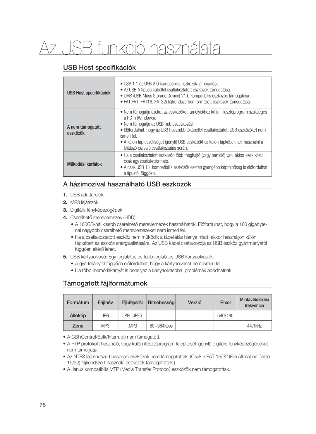 Samsung HT-BD7255R/EDC manual USB Host speciﬁkációk, Házimozival használható USB eszközök, Támogatott fájlformátumok 