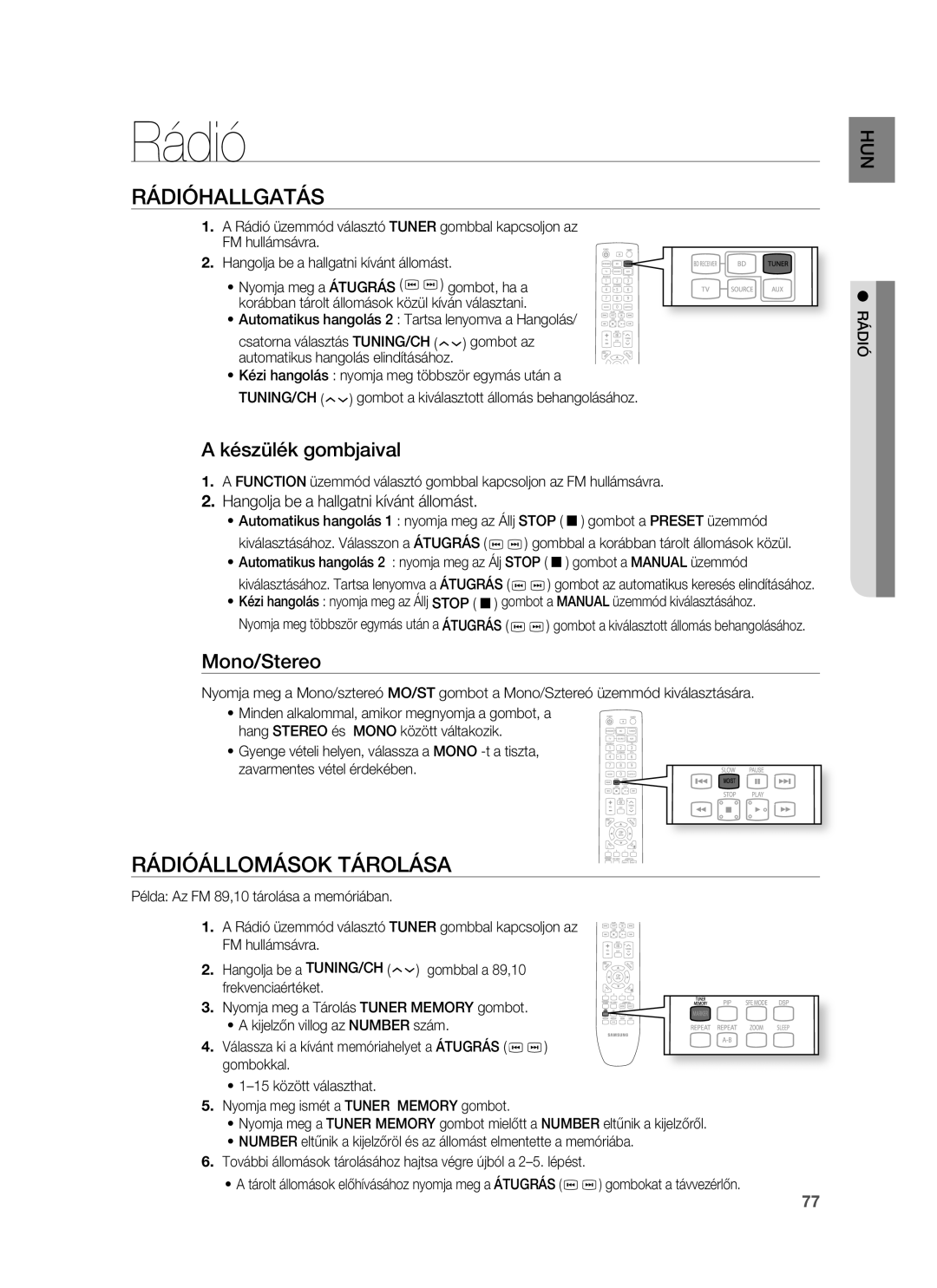 Samsung HT-BD7255R/XEE, HT-BD7255R/EDC manual Rádióhallgatás, Rádióállomások Tárolása, Készülék gombjaival, Mono/Stereo 