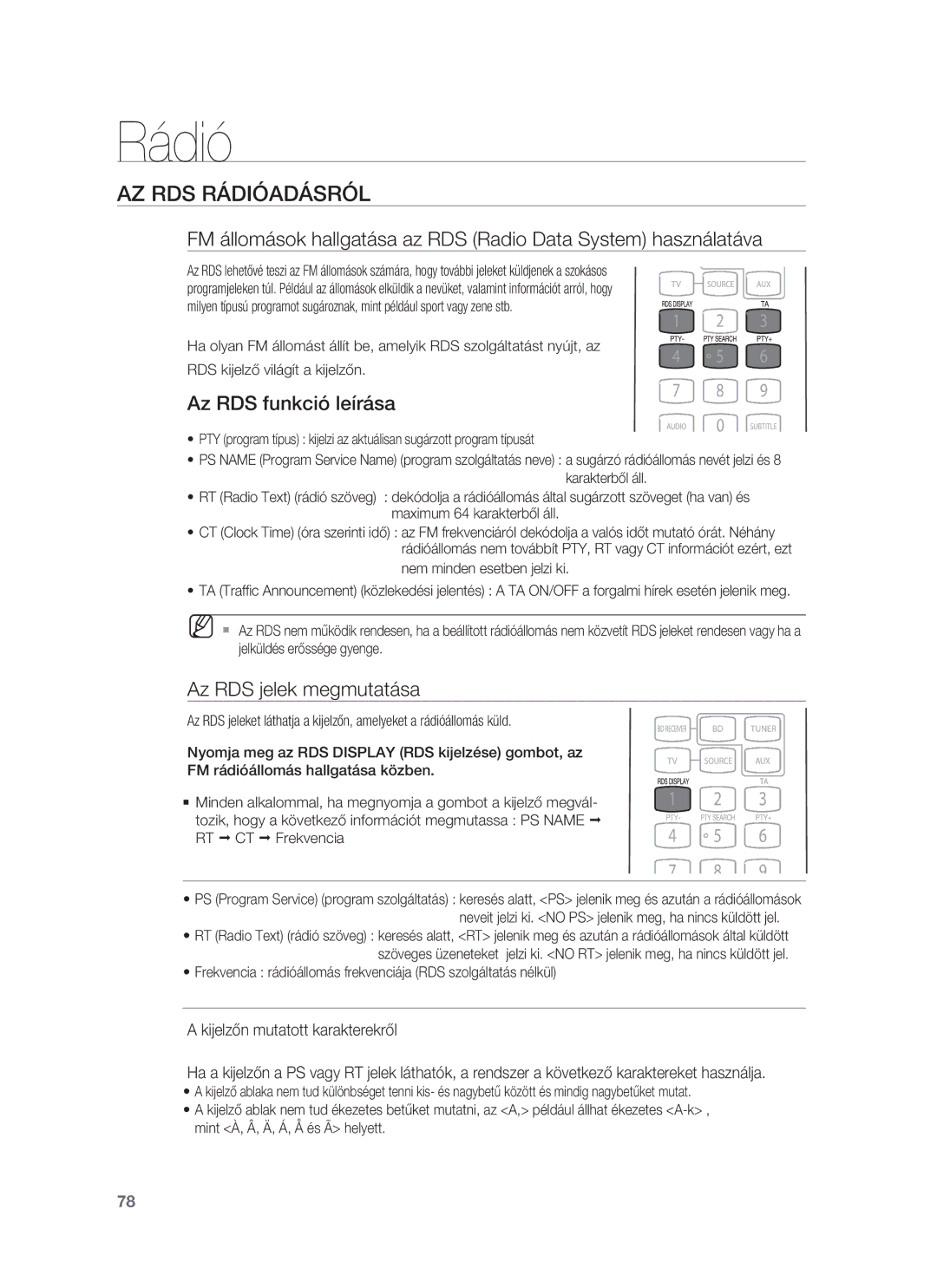 Samsung HT-BD7255R/EDC, HT-BD7255R/XEE manual AZ RDS Rádióadásról, Az RDS funkció leírása, Az RDS jelek megmutatása 