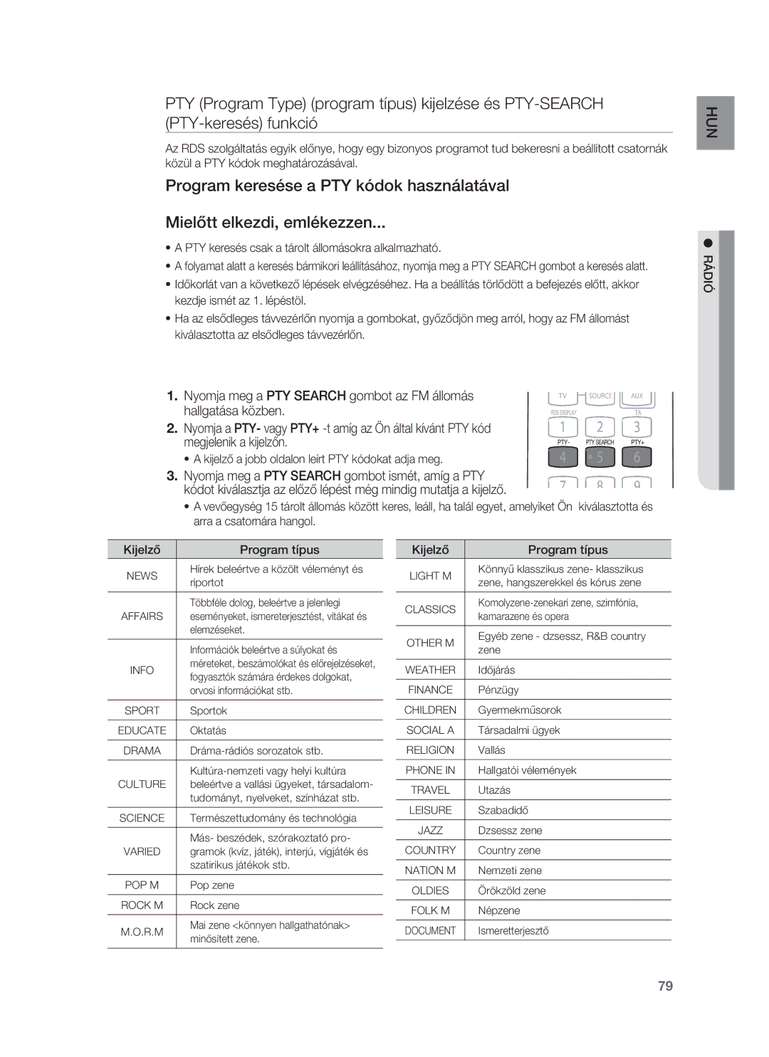 Samsung HT-BD7255R/XEE, HT-BD7255R/EDC manual PTY keresés csak a tárolt állomásokra alkalmazható, Kijelző Program típus 