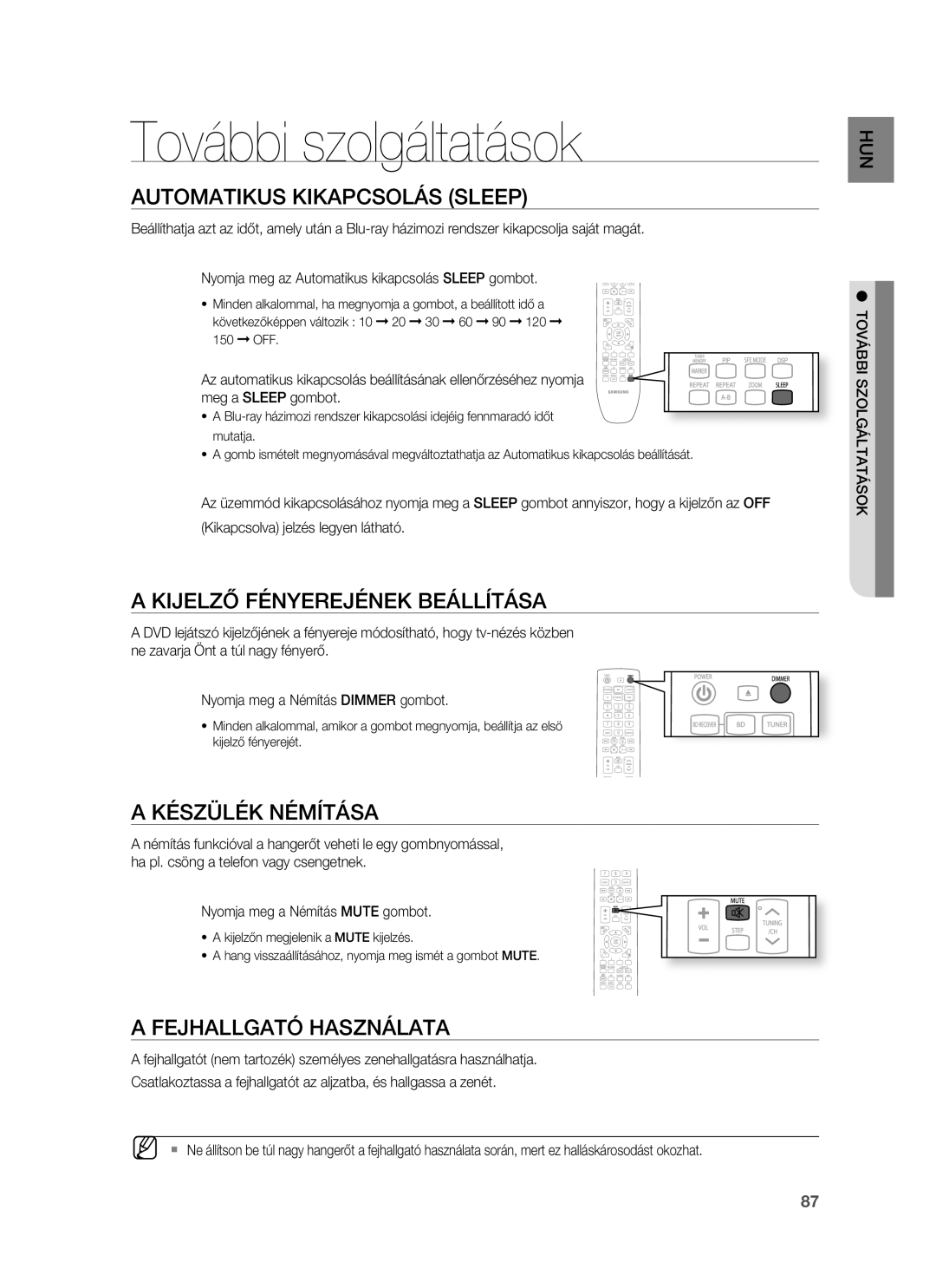 Samsung HT-BD7255R/XEE manual További szolgáltatások, Automatikus Kikapcsolás Sleep, Kijelző Fényerejének Beállítása 