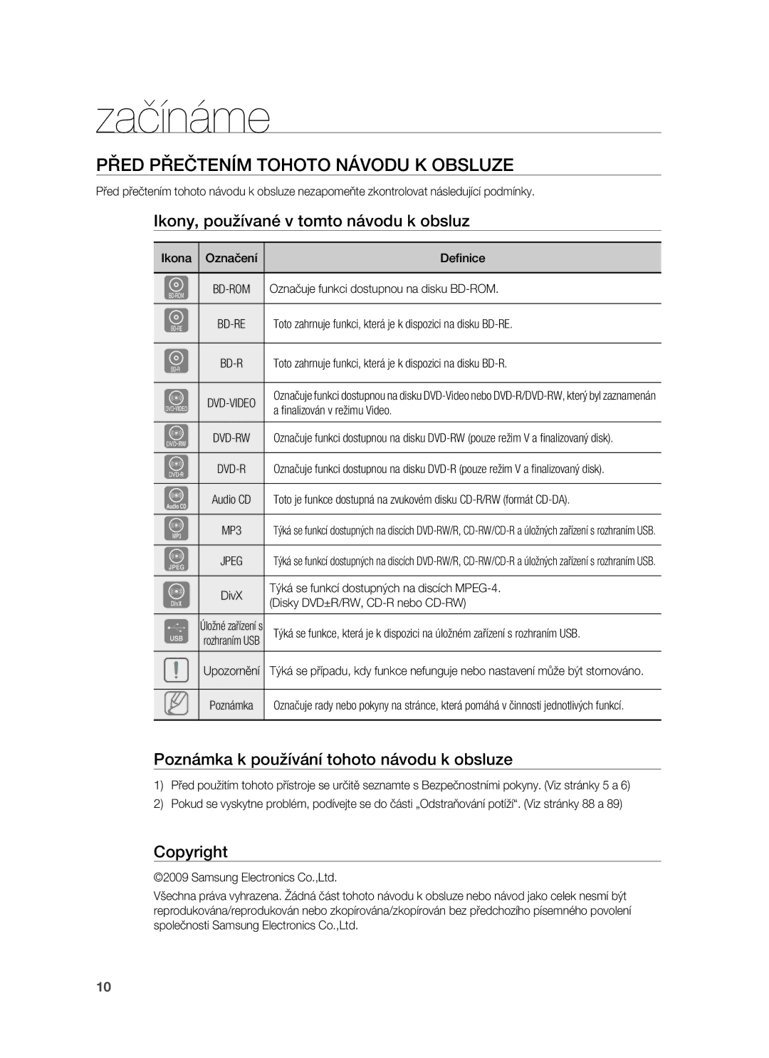 Samsung HT-BD7255R/EDC manual Začínáme, Před Přečtením Tohoto Návodu K Obsluze, Ikony, používané v tomto návodu k obsluz 