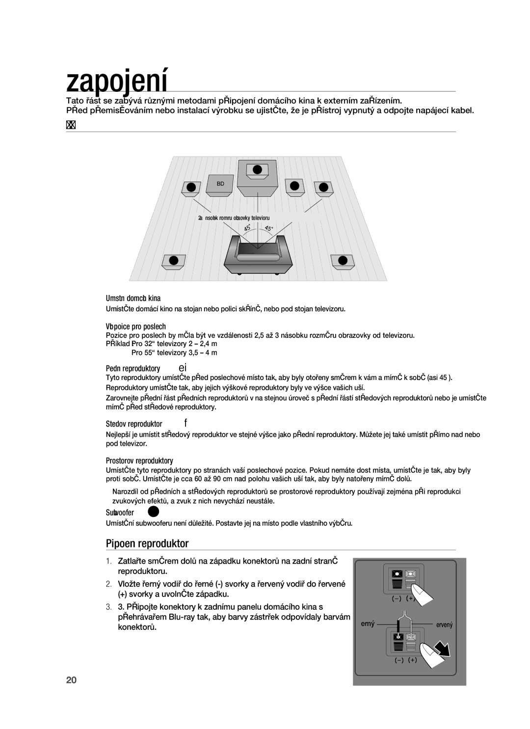 Samsung HT-BD7255R/EDC manual Zapojení Reprosoustav, Připojení reproduktorů 