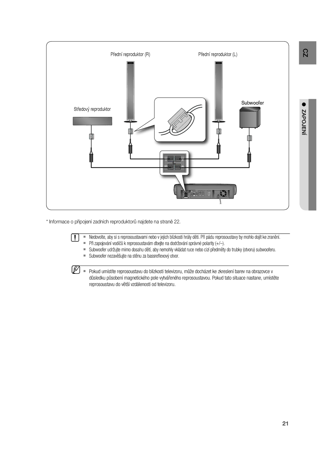 Samsung HT-BD7255R/EDC manual  Subwoofer nezavěšujte na stěnu za bassreﬂexový otvor, Zapojení 