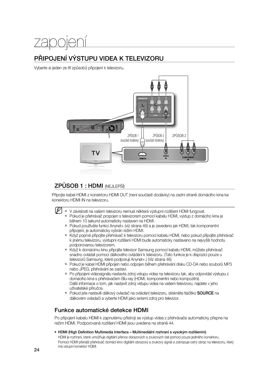 Samsung HT-BD7255R/EDC manual Připojení Výstupu Videa K Televizoru, Funkce automatické detekce Hdmi 