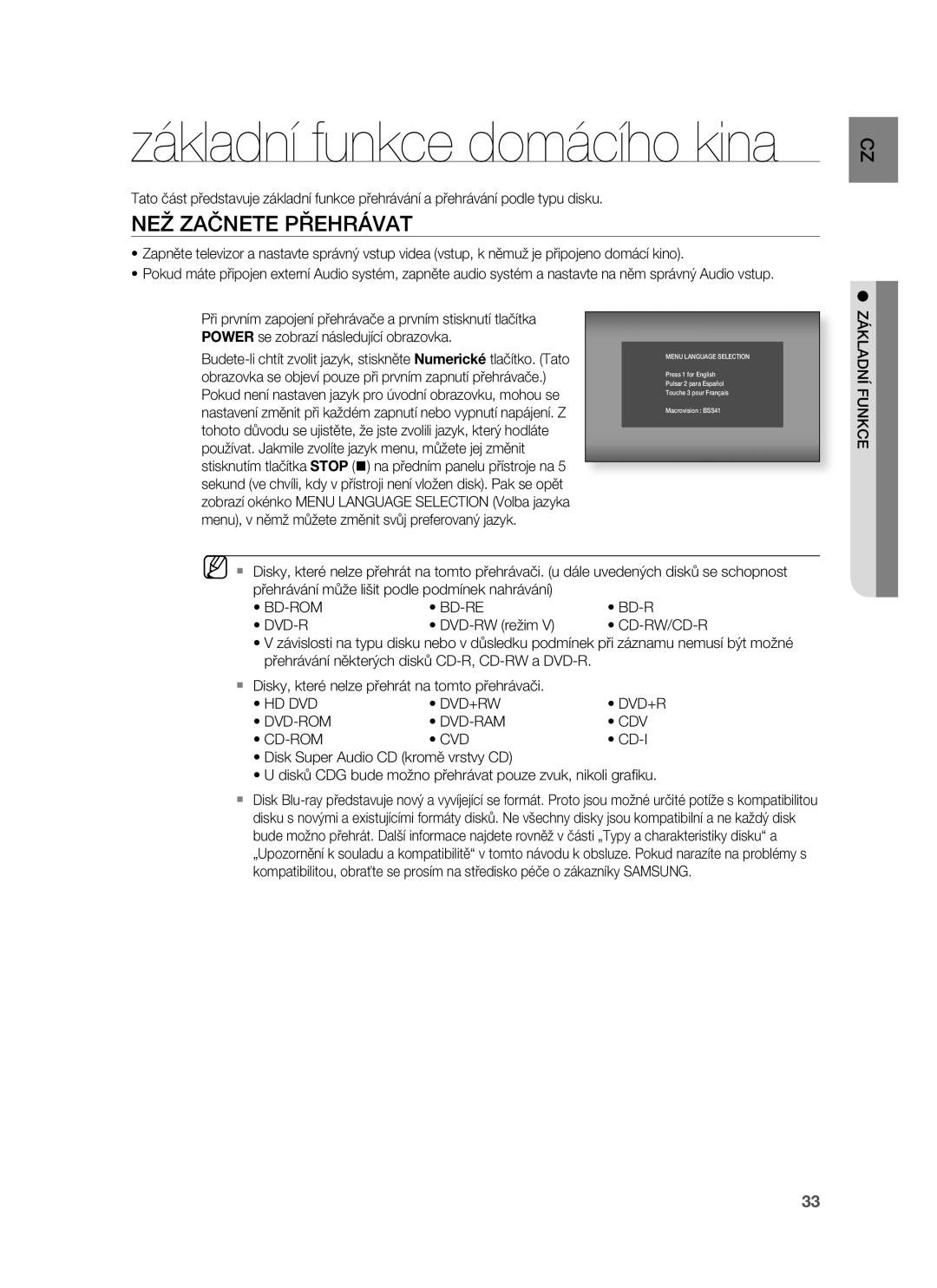 Samsung HT-BD7255R/EDC manual NEŽ Začnete Přehrávat, Základní Funkce, BD-RE DVD-R DVD-RW režim, Cd-I 