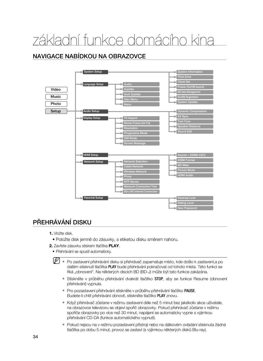 Samsung HT-BD7255R/EDC manual Základní funkce domácího kina, Navigace Nabídkou NA Obrazovce, Přehrávání Disku, Vložte disk 