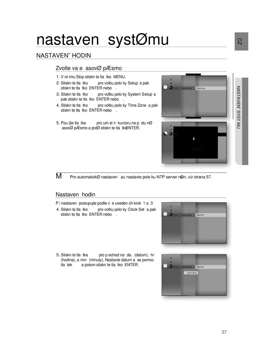 Samsung HT-BD7255R/EDC manual Nastavení systému, Nastavení Hodin, Zvolte vaše časové pásmo, Nastavení hodin 