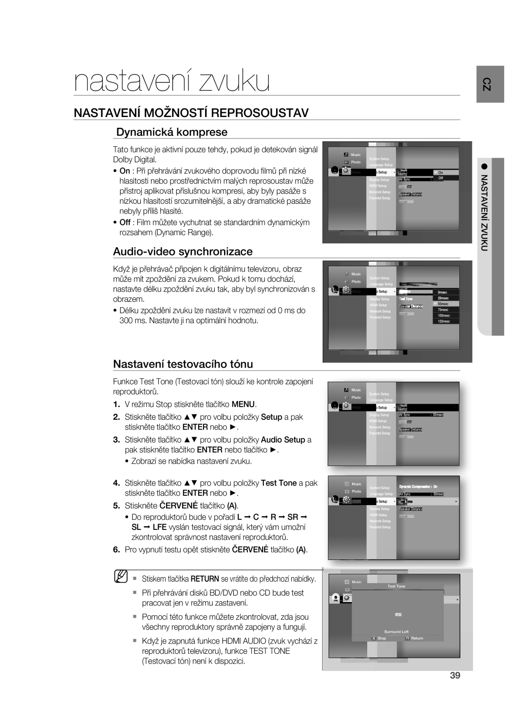 Samsung HT-BD7255R/EDC Nastavení zvuku, Nastavení Možností Reprosoustav, Dynamická komprese, Audio-video synchronizace 