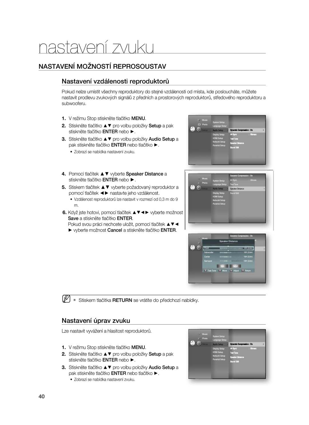 Samsung HT-BD7255R/EDC manual Nastavení vzdálenosti reproduktorů, Nastavení úprav zvuku 