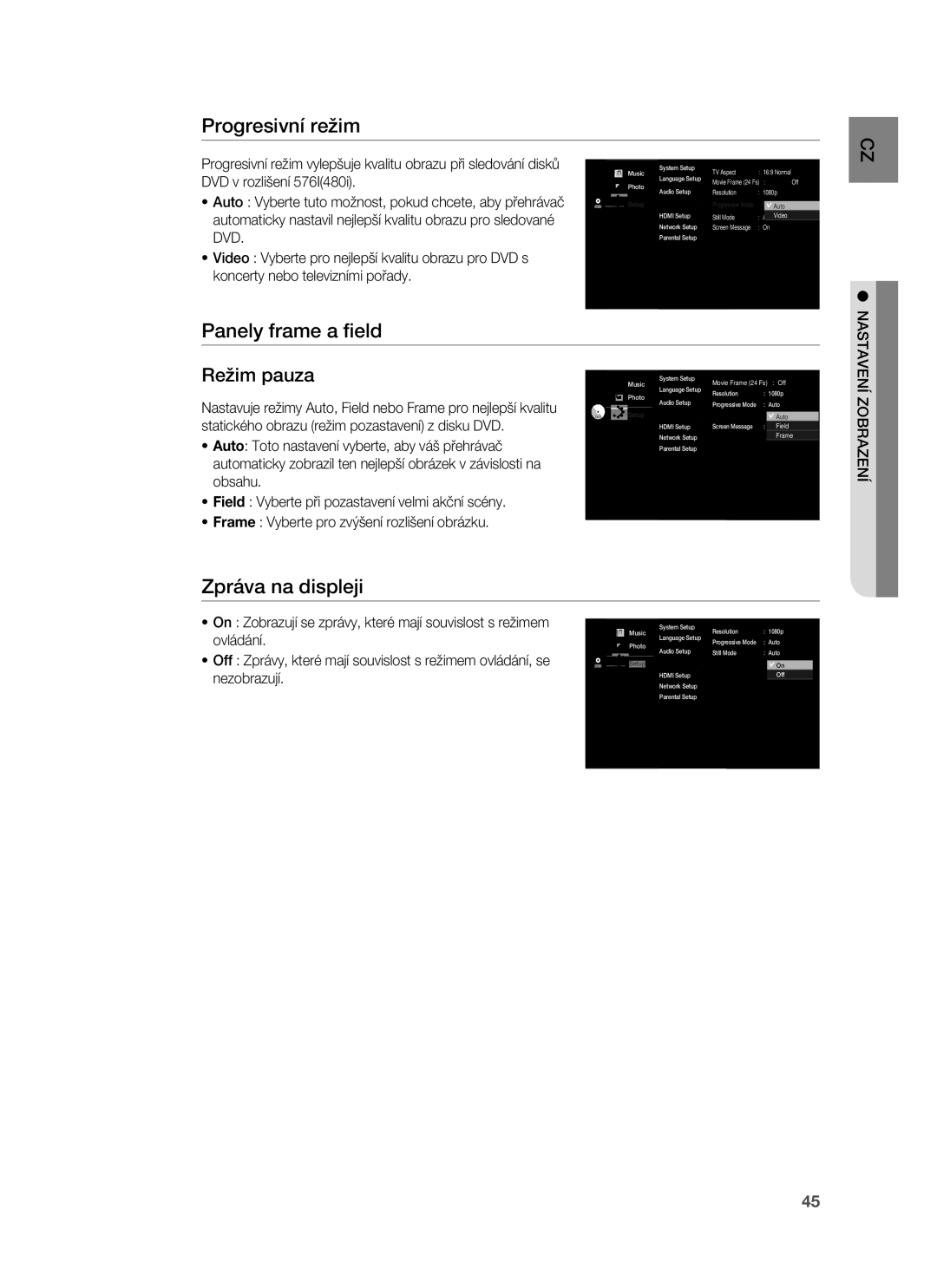 Samsung HT-BD7255R/EDC manual Zpráva na displeji, DVD v rozlišení, Auto Vyberte tuto možnost, pokud chcete, aby přehrávač 