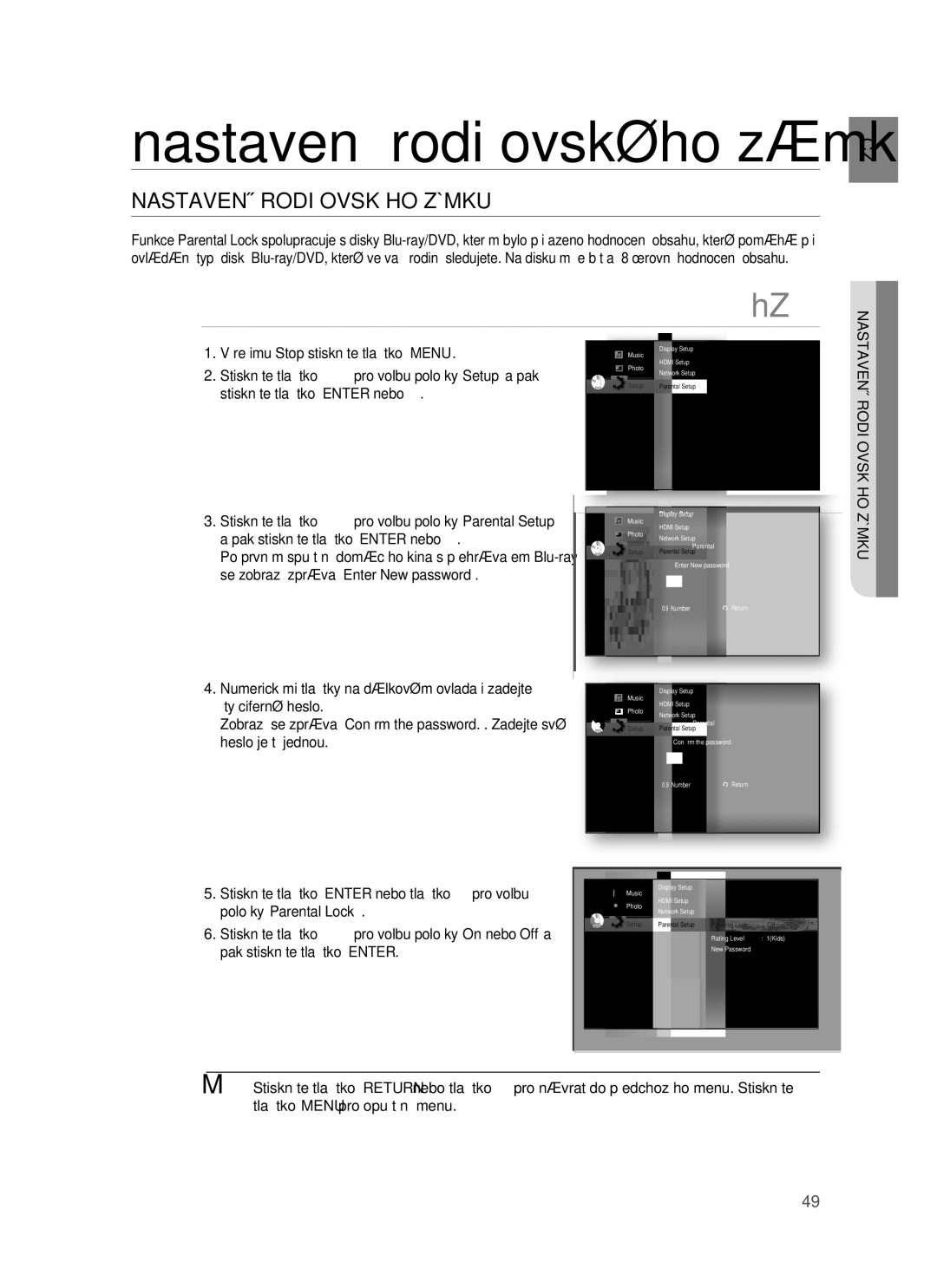 Samsung HT-BD7255R/EDC manual Nastavení Rodičovského Zámku 