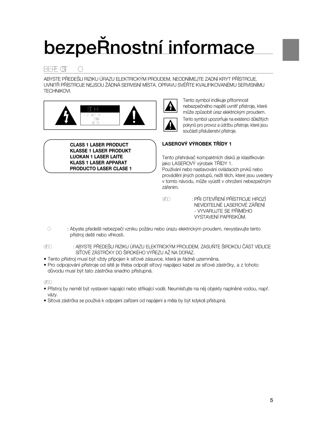 Samsung HT-BD7255R/EDC manual Bezpečnostní informace, Bezpečnostní Varování, Upozornění 