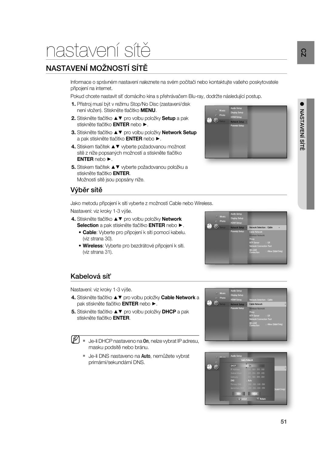 Samsung HT-BD7255R/EDC manual Nastavení sítě, Nastavení Možností Sítě, Výběr sítě, Kabelová síť, Nastavení Sítě 