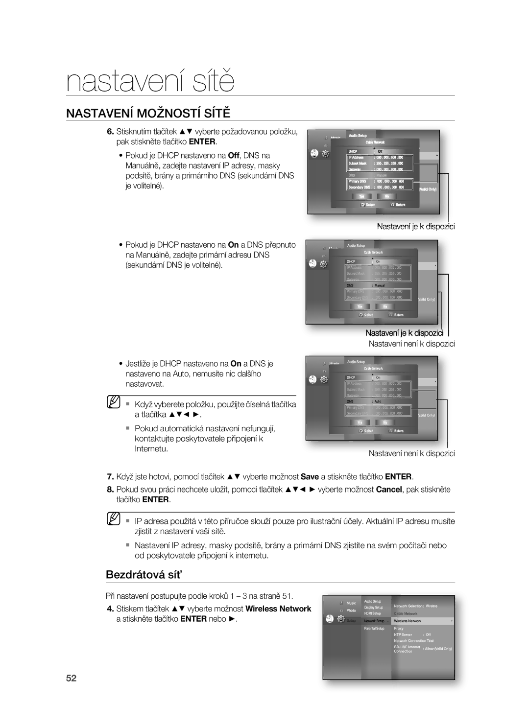 Samsung HT-BD7255R/EDC manual Bezdrátová síť, Nastavení je k dispozici 