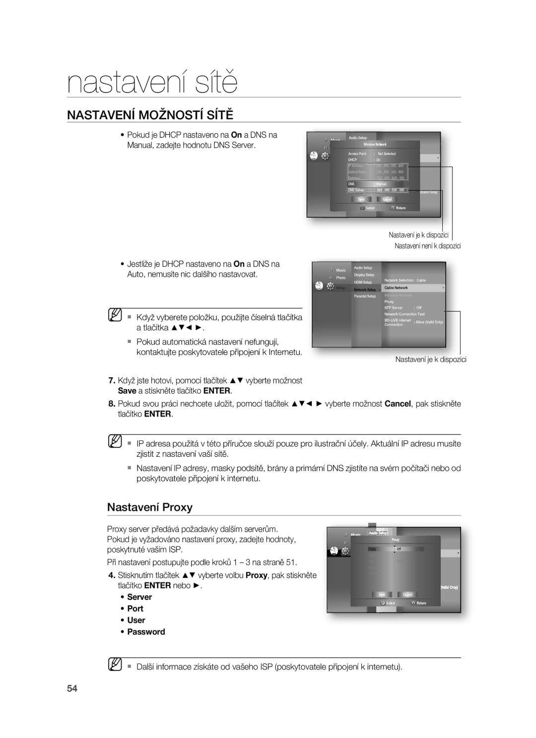 Samsung HT-BD7255R/EDC manual Nastavení Proxy, Nastavení není k dispozici 