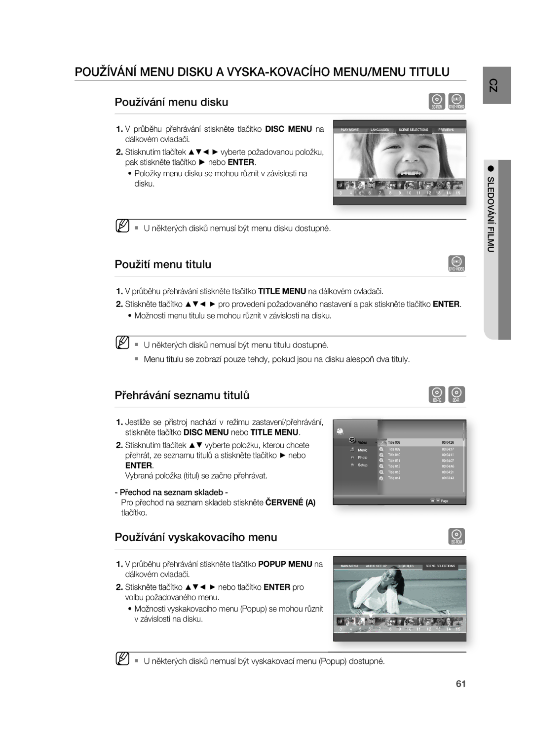 Samsung HT-BD7255R/EDC manual Používání Menu Disku a VYSKA-KOVACÍHO MENU/MENU Titulu, Použití menu titulu, Sledování Filmu 