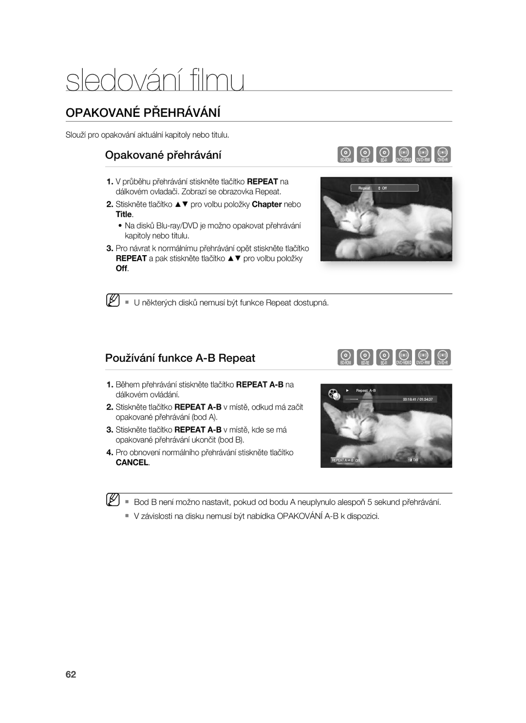 Samsung HT-BD7255R/EDC manual Opakované Přehrávání, Opakované přehrávání, Používání funkce A-B Repeat 