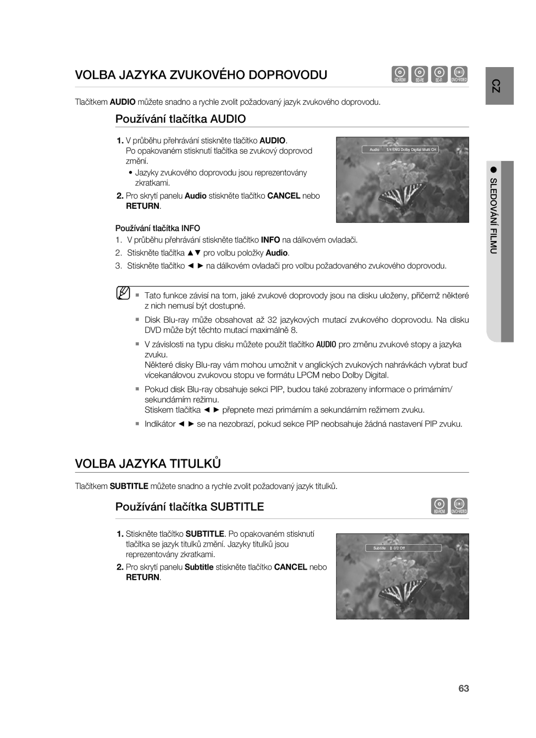 Samsung HT-BD7255R/EDC manual Volba Jazyka Zvukového Doprovodu, Volba Jazyka Titulků, Používání tlačítka Audio 