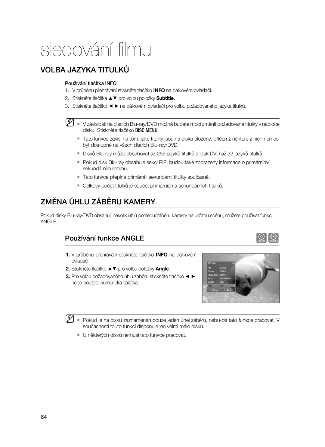 Samsung HT-BD7255R/EDC manual Změna Úhlu Záběru Kamery, Používání funkce Angle 