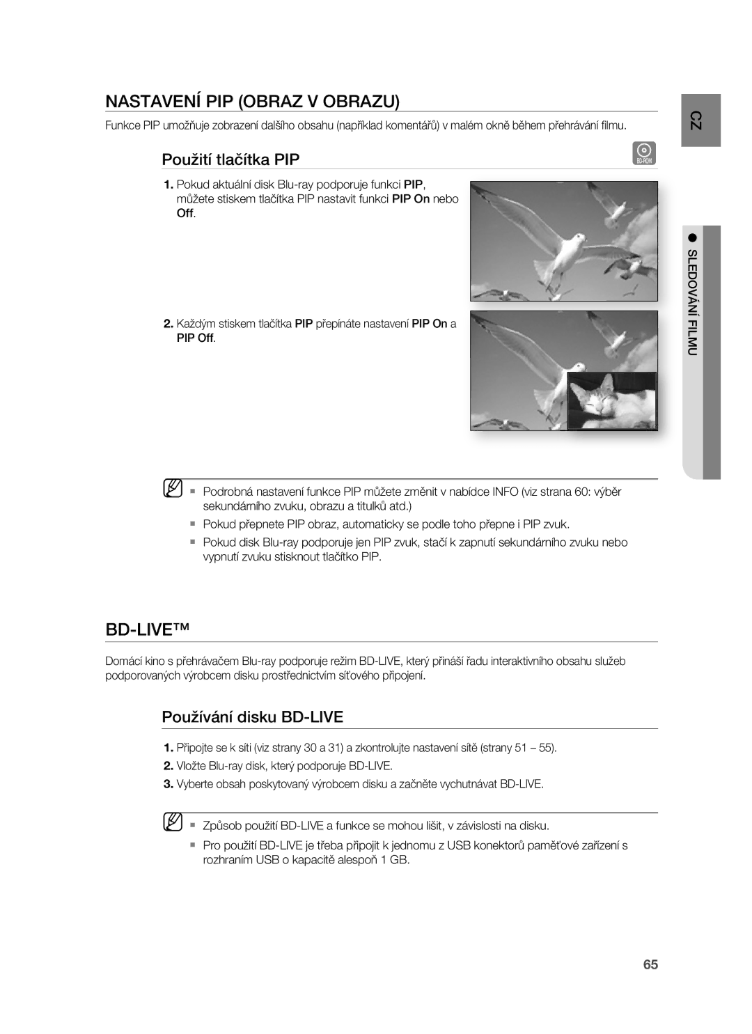 Samsung HT-BD7255R/EDC manual Nastavení PIP Obraz V Obrazu, Bd-Live, Použití tlačítka PIP, Používání disku BD-LIVE 