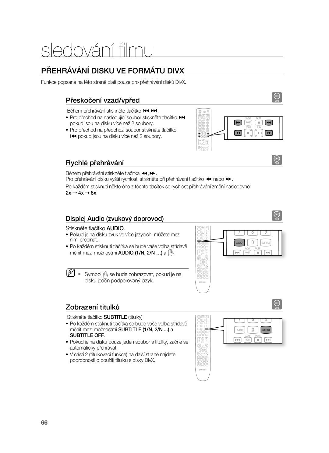 Samsung HT-BD7255R/EDC manual Přehrávání Disku VE Formátu Divx, Přeskočení vzad/vpřed, Rychlé přehrávání, Zobrazení titulků 