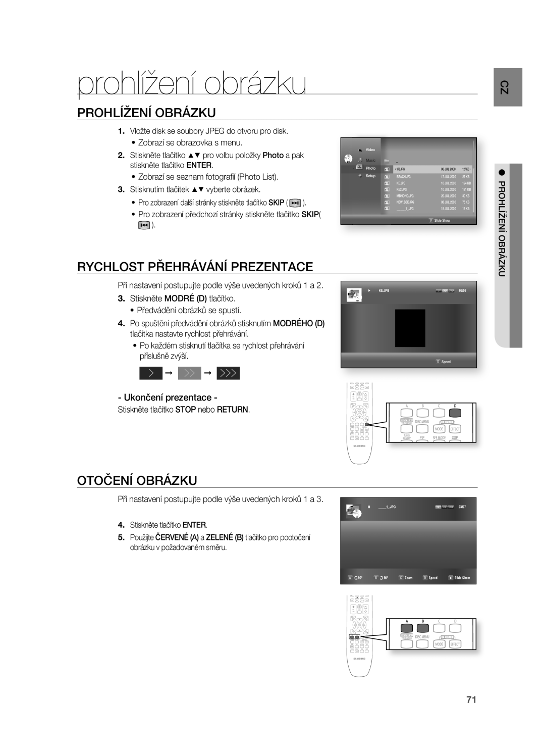 Samsung HT-BD7255R/EDC manual Prohlížení obrázku, Prohlížení Obrázku, Rychlost Přehrávání Prezentace, Otočení Obrázku 