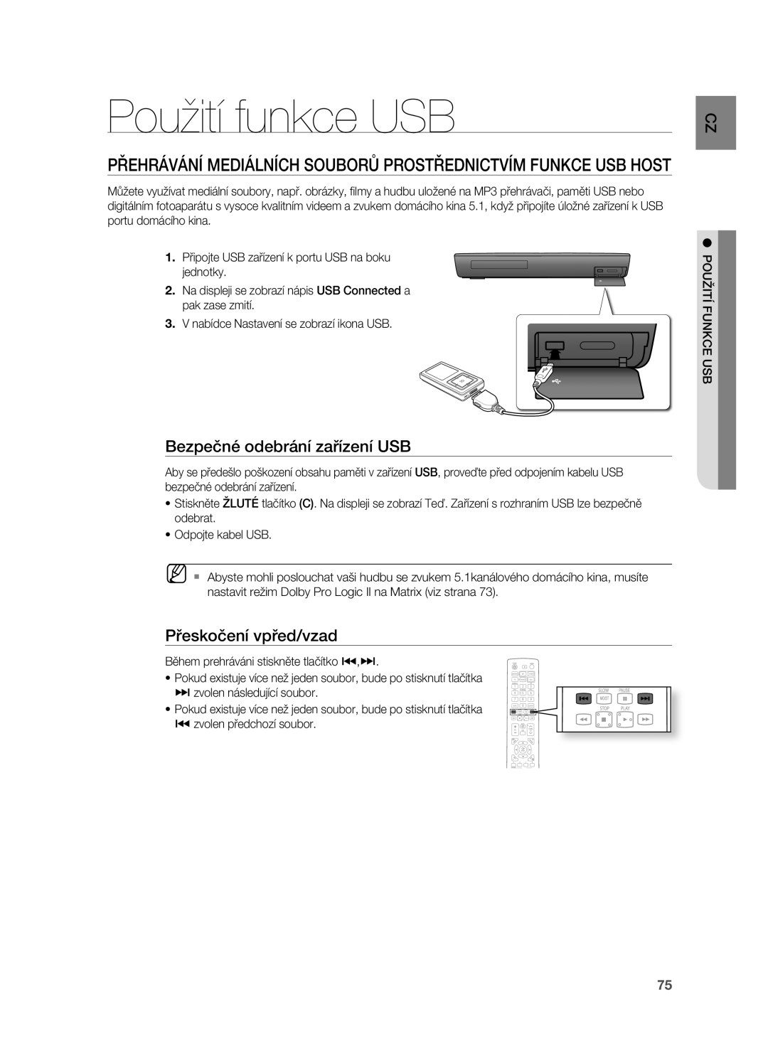 Samsung HT-BD7255R/EDC manual Použití funkce USB, Bezpečné odebrání zařízení USB, Přeskočení vpřed/vzad, Použití Funkce USB 